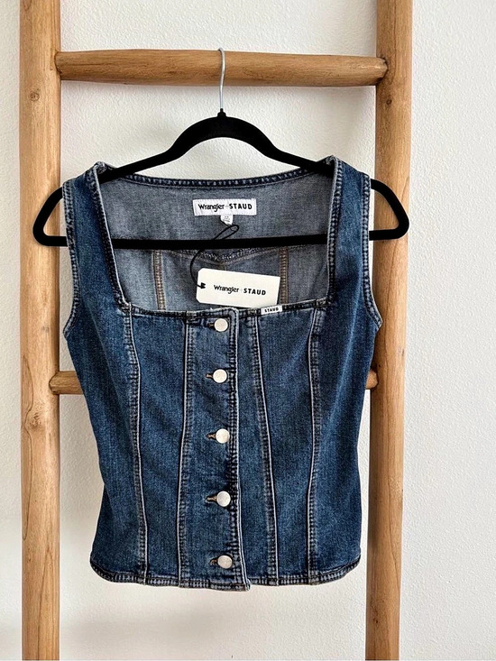 Wrangler Tops - Wrangler + STAUD Women's Pleated Denim Corset Top in Blue